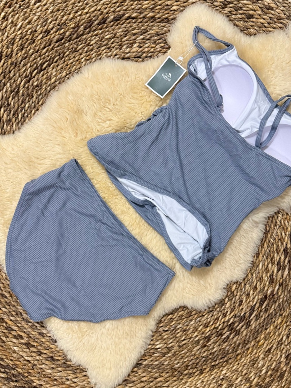 EOMENIE Light Blue Ribbed Square-Neck Swimsuit - Picture 6 of 7